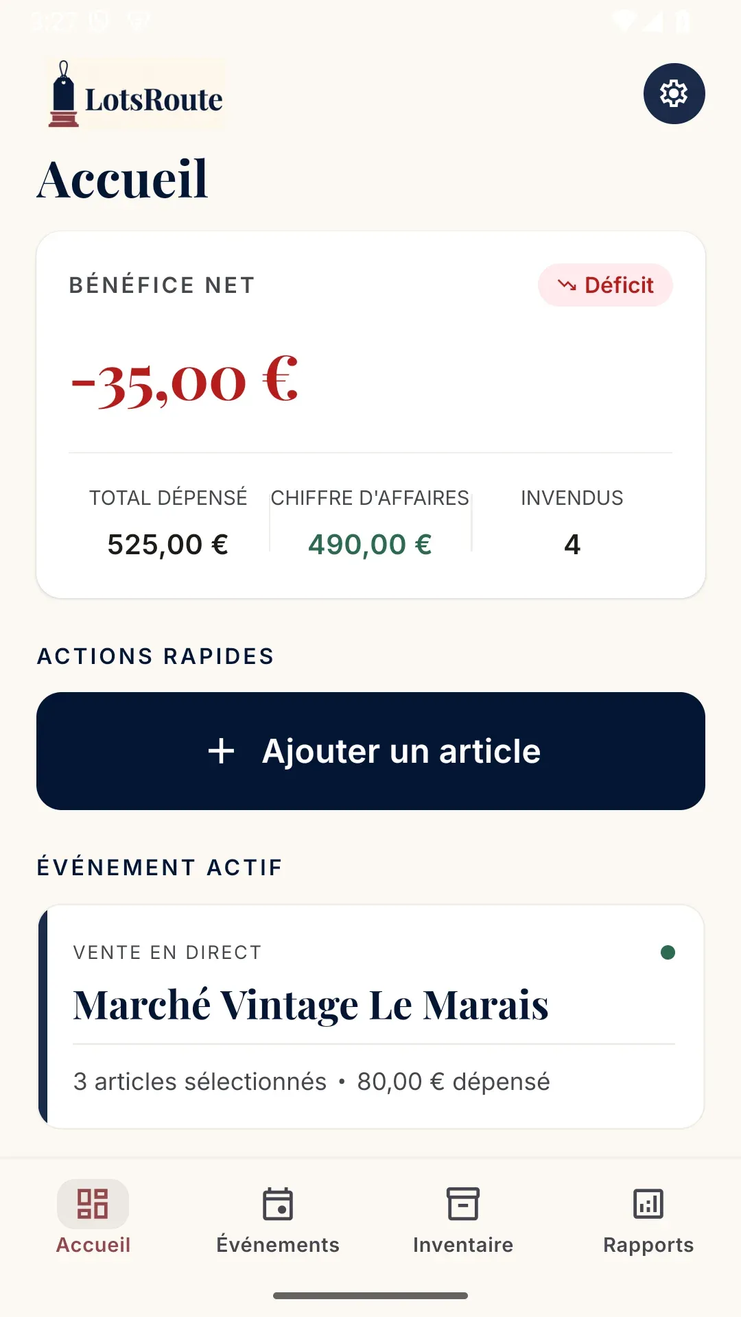 LotsRoute dashboard — free reseller inventory ledger on your phone