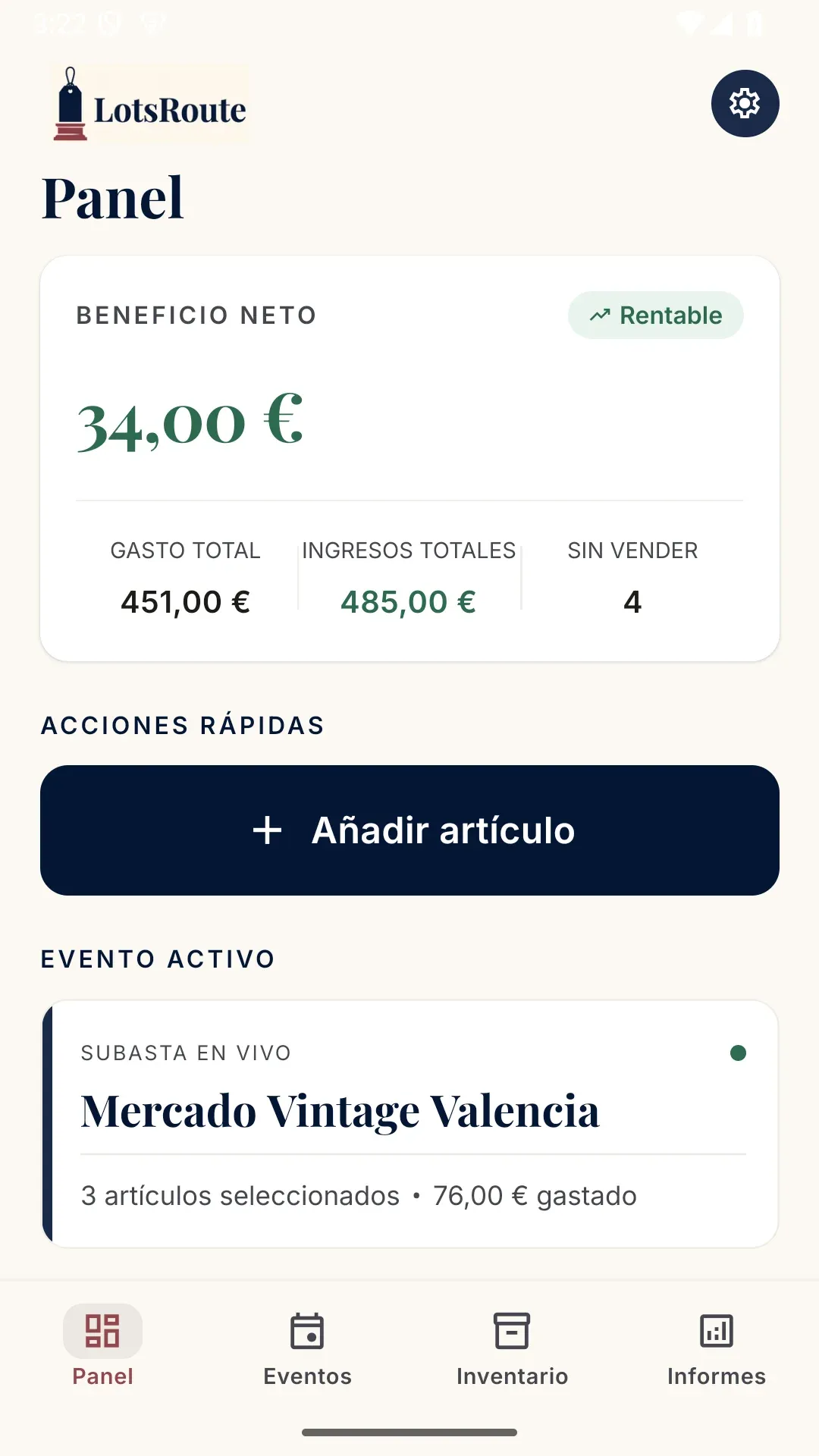 LotsRoute dashboard — free reseller inventory ledger on your phone