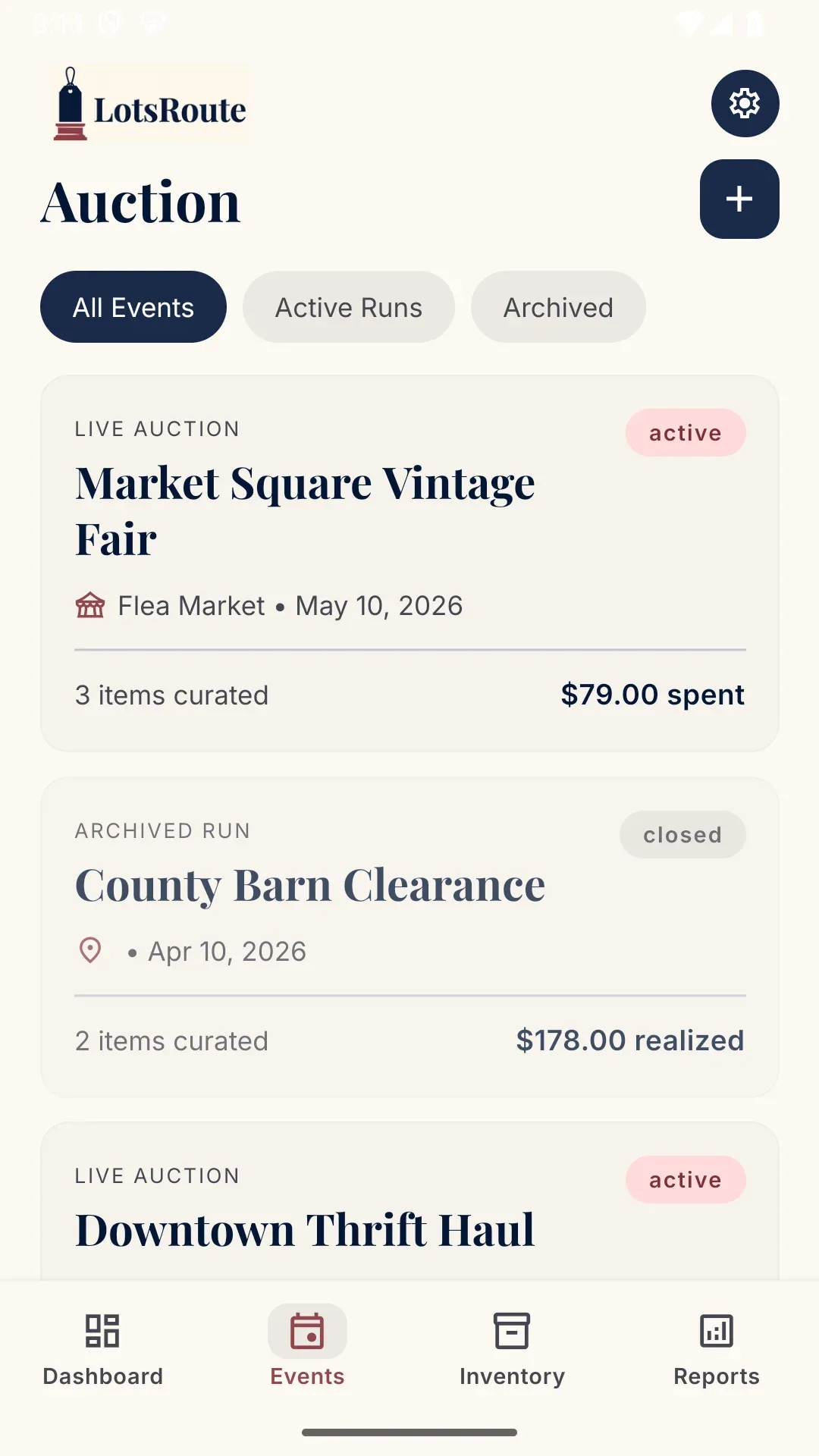 LotsRoute events screen listing auctions with date and location