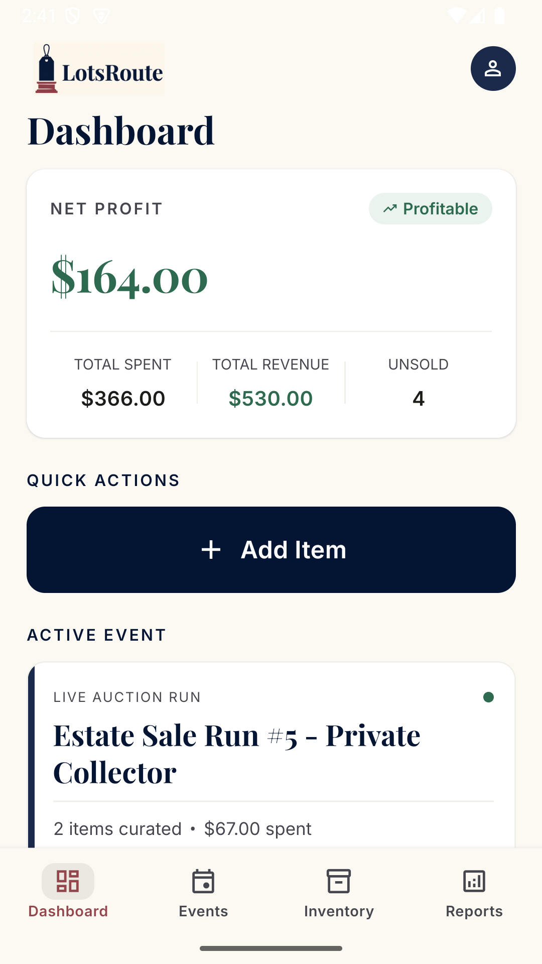 LotsRoute dashboard — inventory ledger on your phone