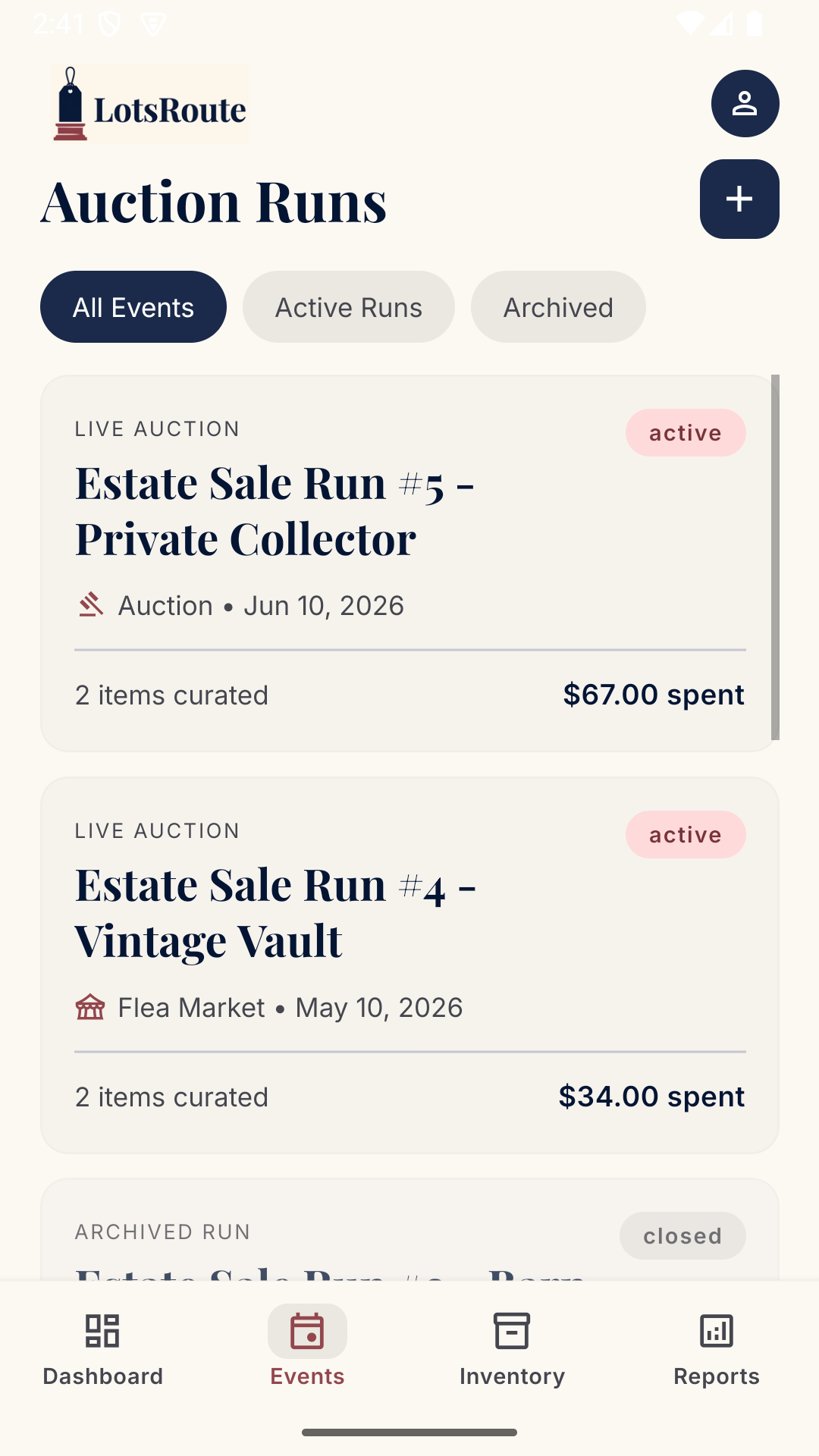 LotsRoute events screen