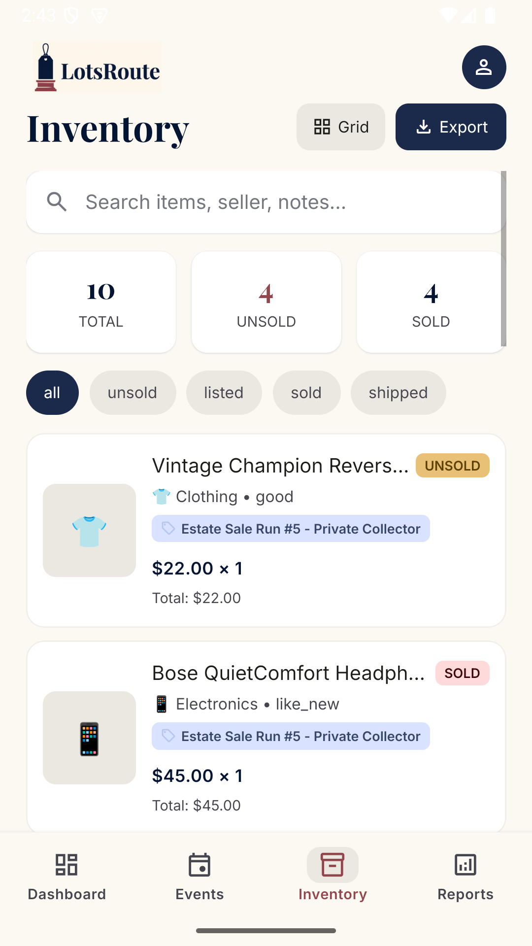 LotsRoute inventory screen