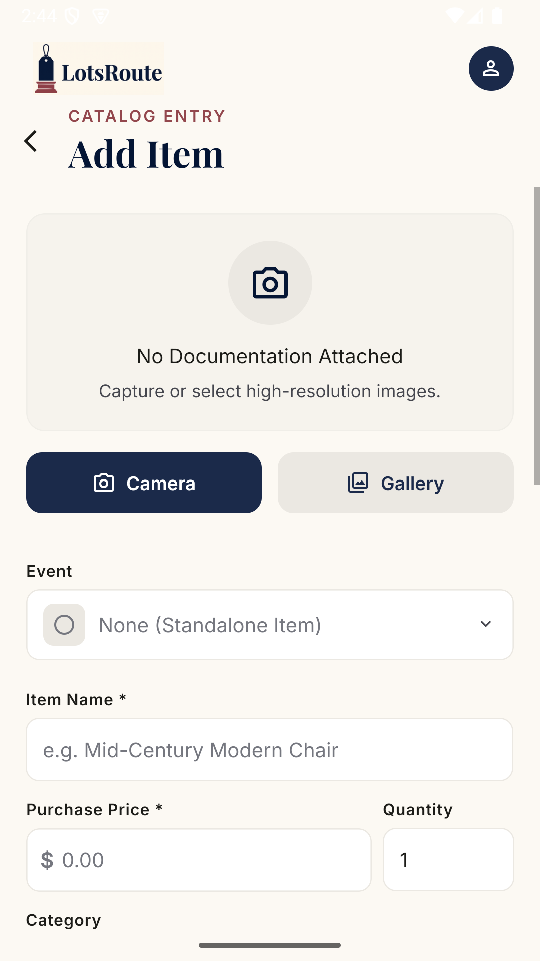 LotsRoute add item screen