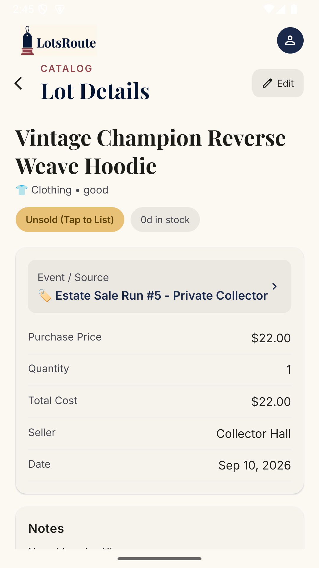 LotsRoute purchase detail screen