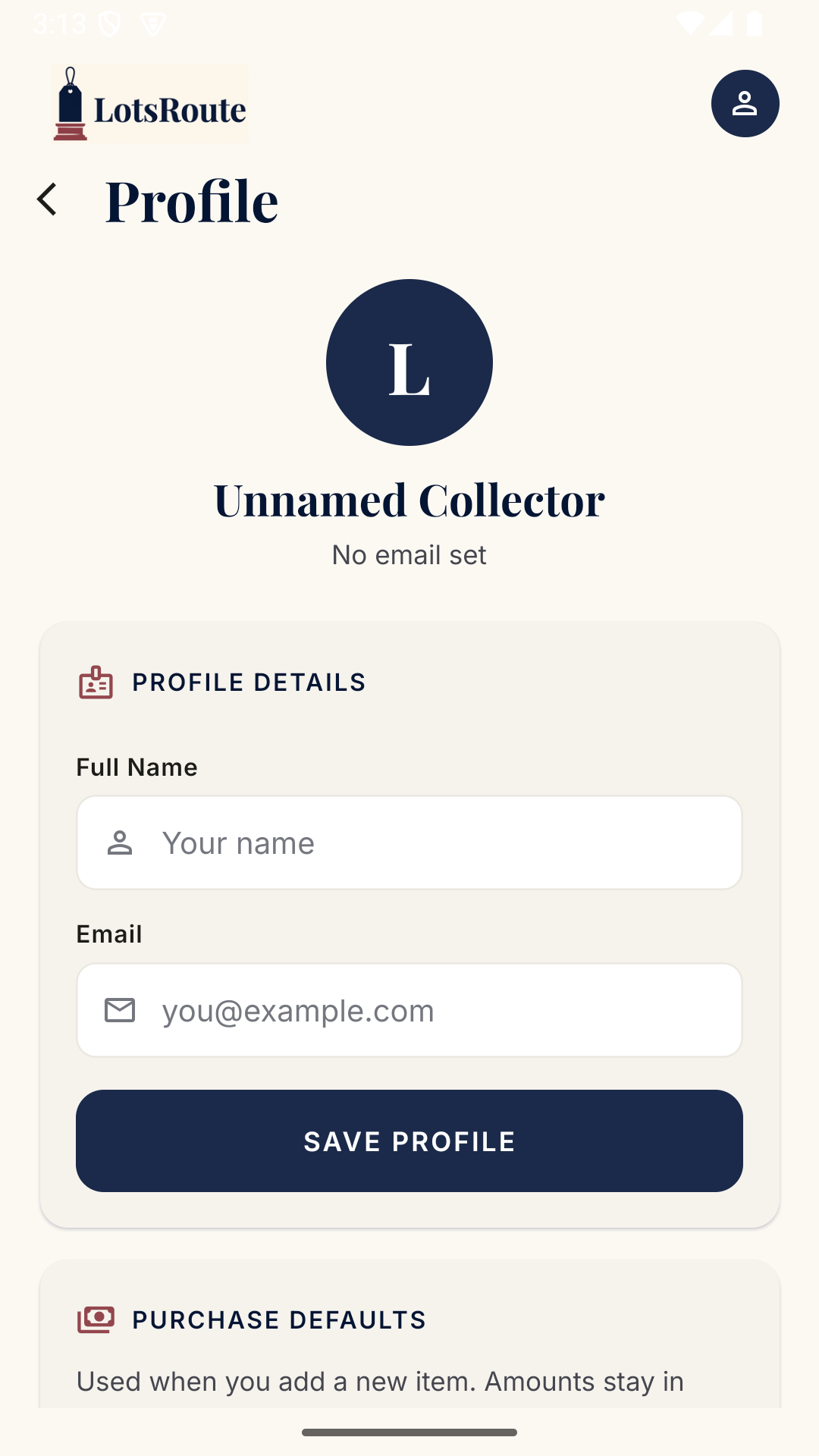 LotsRoute profile screen